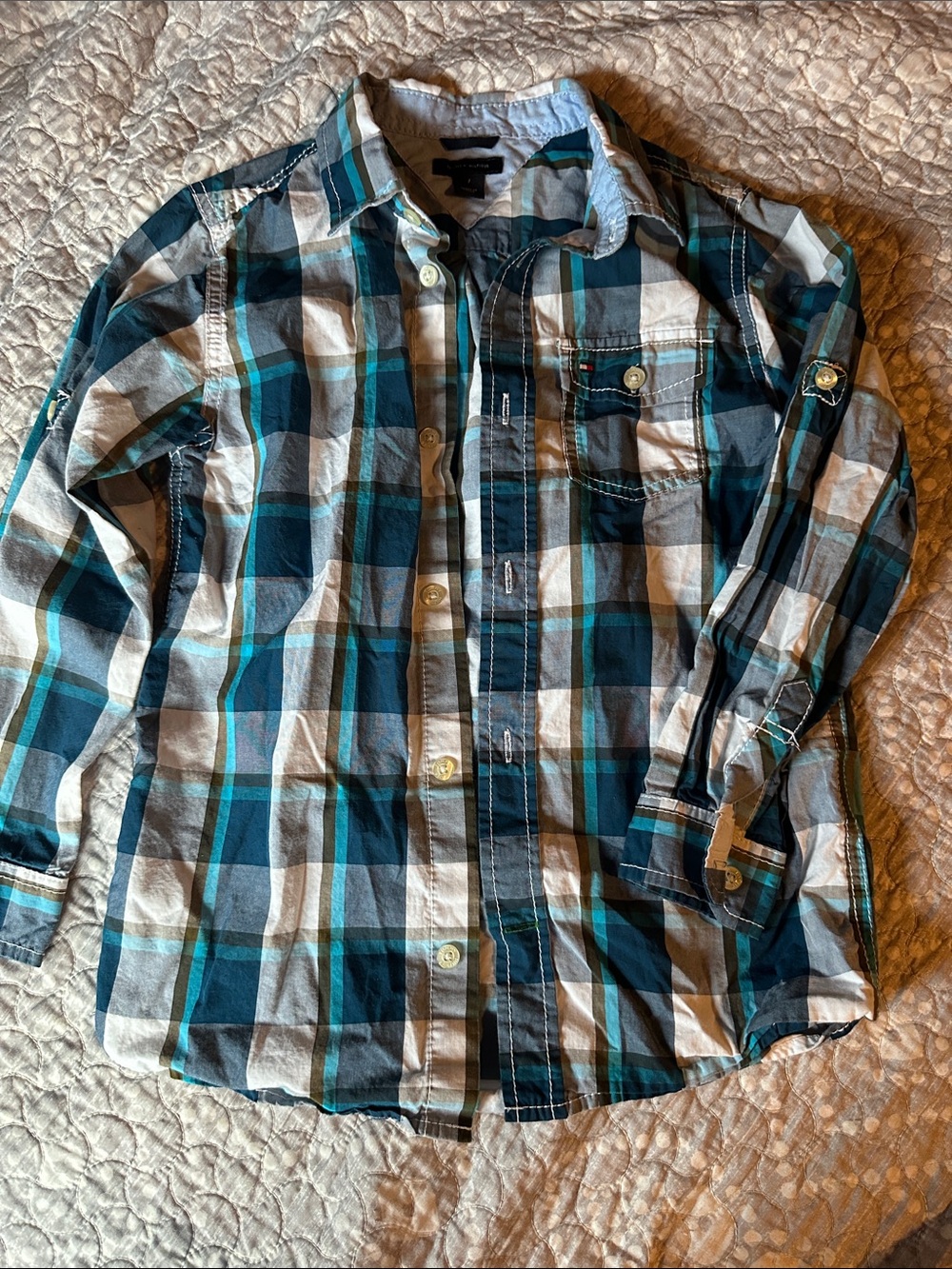 Tommy Hilfiger Teal, Navy and White Plaid Button-Down Shirt 8261.5